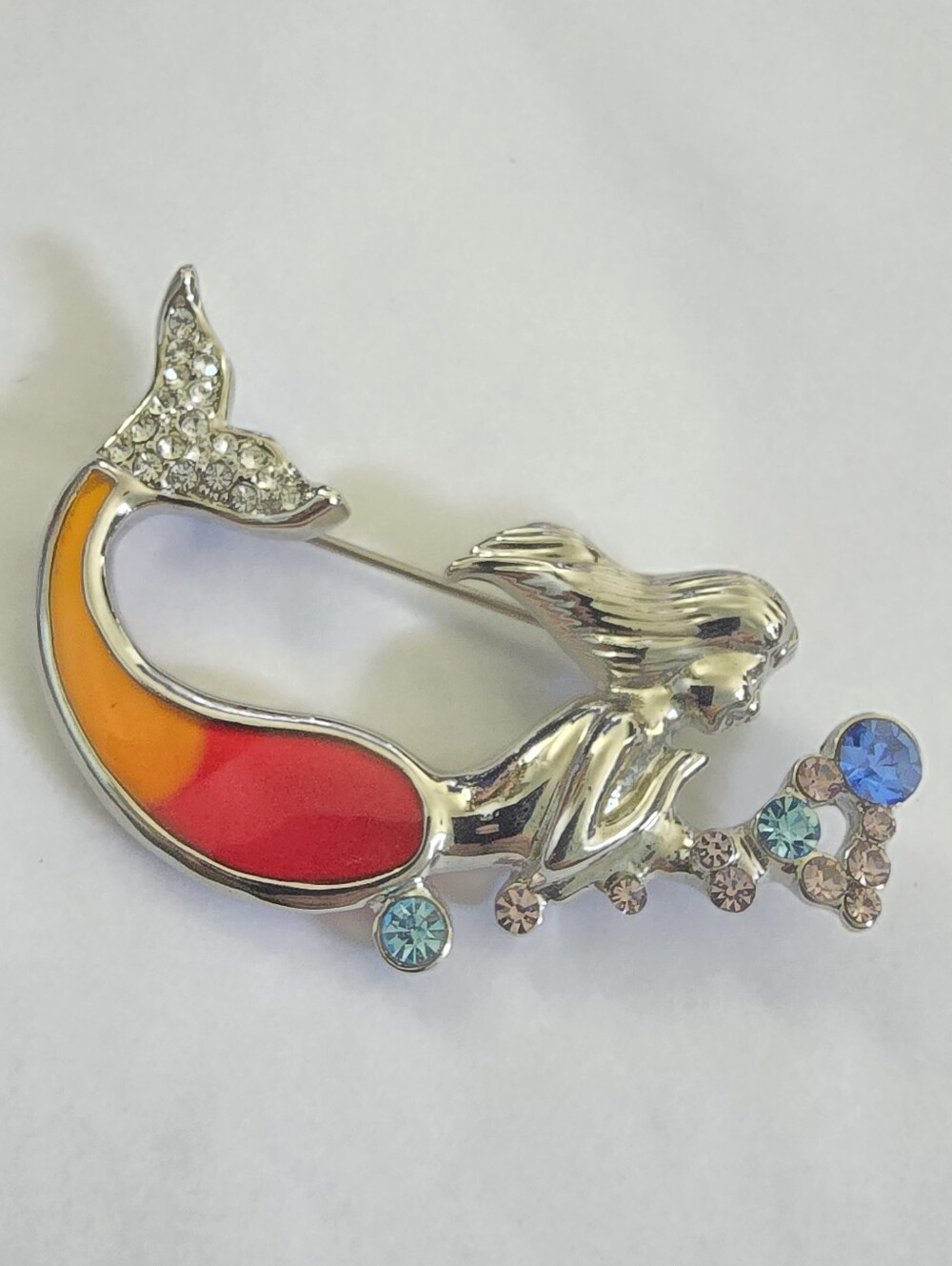 Vintage mermaid pin brooch stained glass tail pavé Rhinestone bubbles Fairy Tail